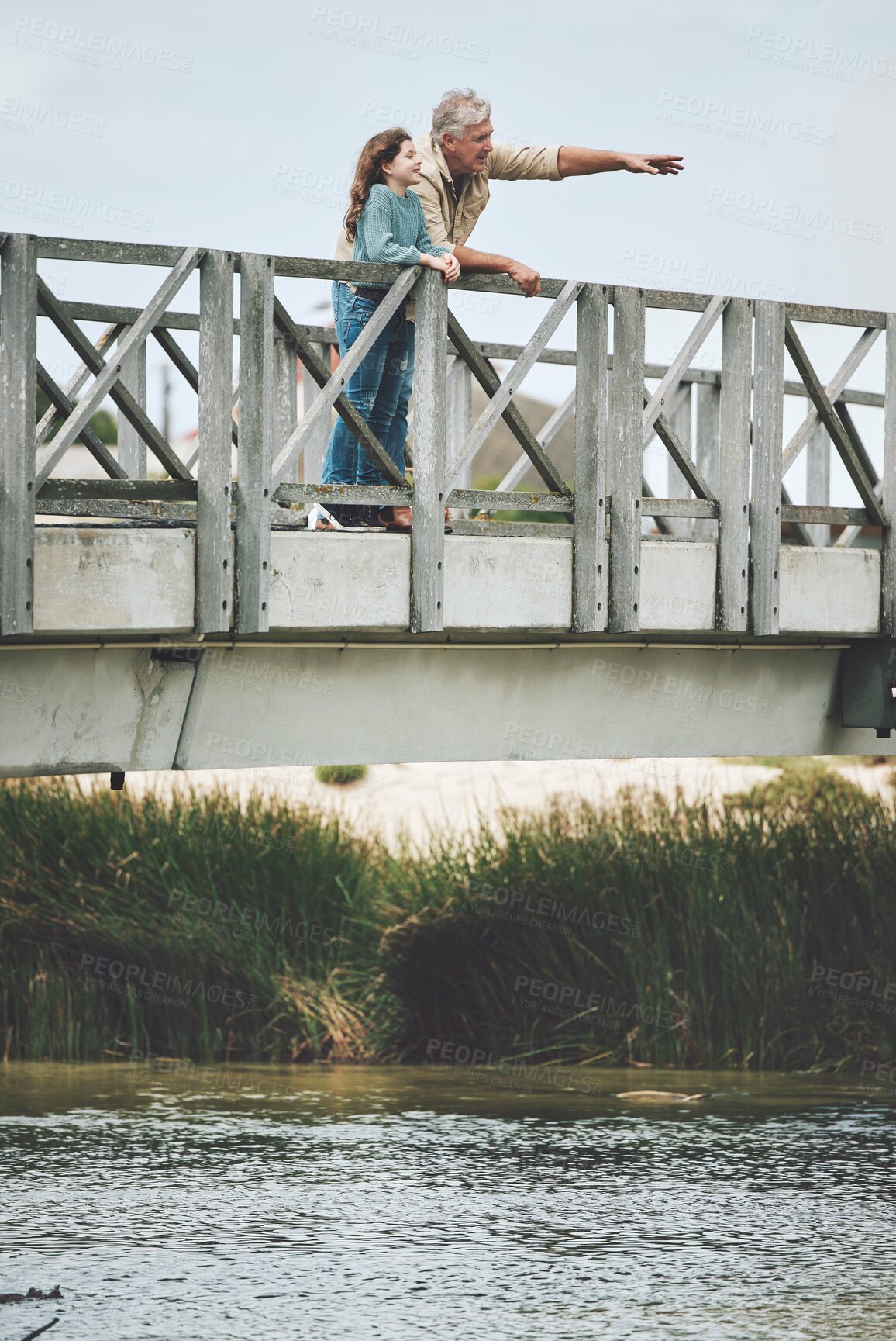 Buy stock photo Family, lake bridge and grandfather with child bond, enjoy nature vacation or holiday quality time together. Love, senior man and kid girl at Canada countryside for peace, freedom or river adventure