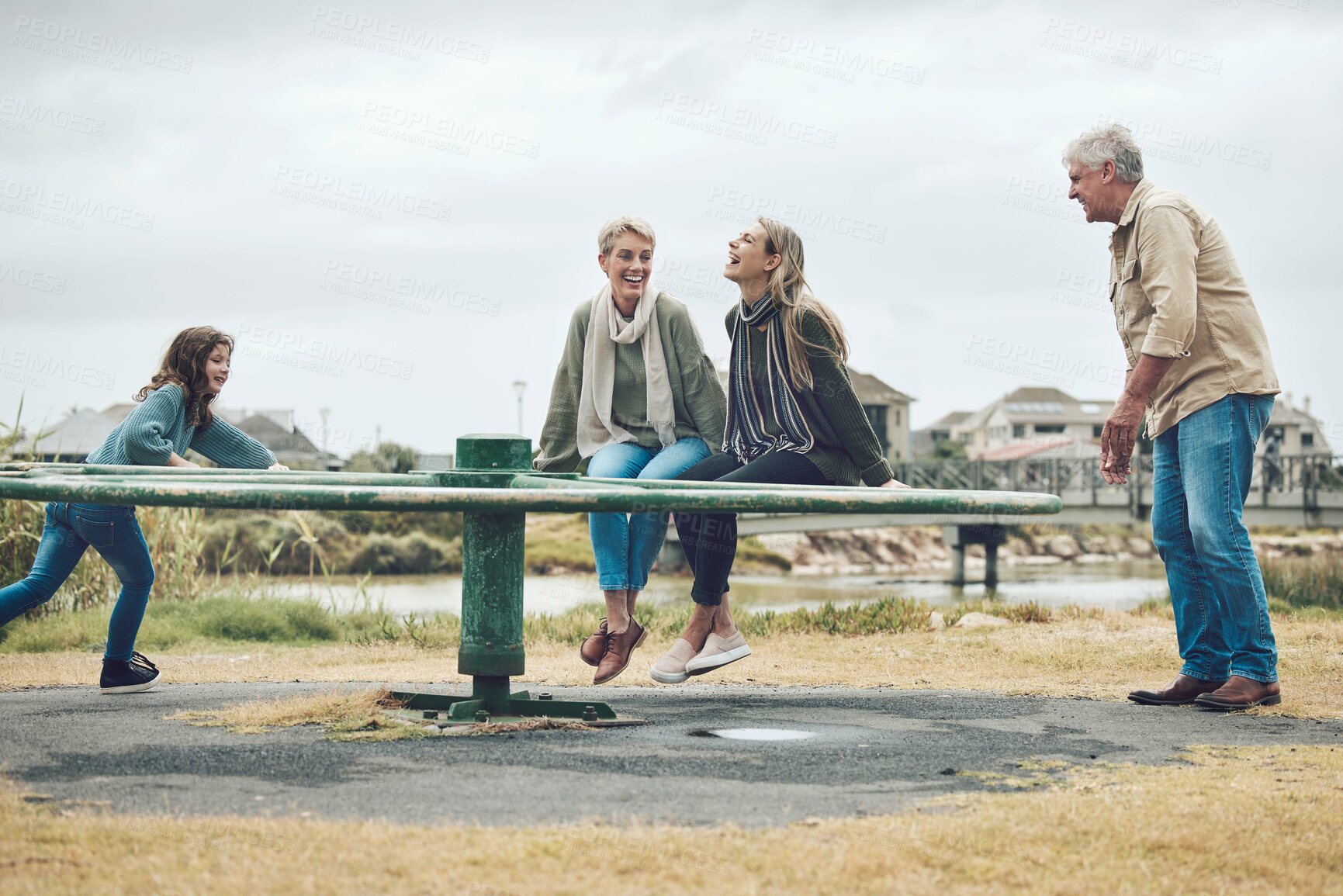 Buy stock photo Playground, family and happy people in a nature play park with a mom, child and grandparents. Mother with children feeling happiness, love and kid care outdoor with a smile laughing together 