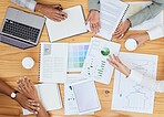 Finance, meeting and business people collaboration on laptop with data, chart and graph for analytics, growth and documents from above. Teamwork, planning and financial development strategy by group 