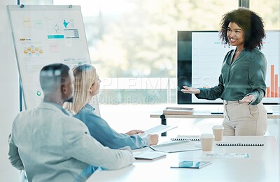 Buy stock photo Presentation, marketing and employees in meeting, planning and working on collaboration.  Young, corporate and worker with idea and smile for a company strategy talking in a business meeting at work
