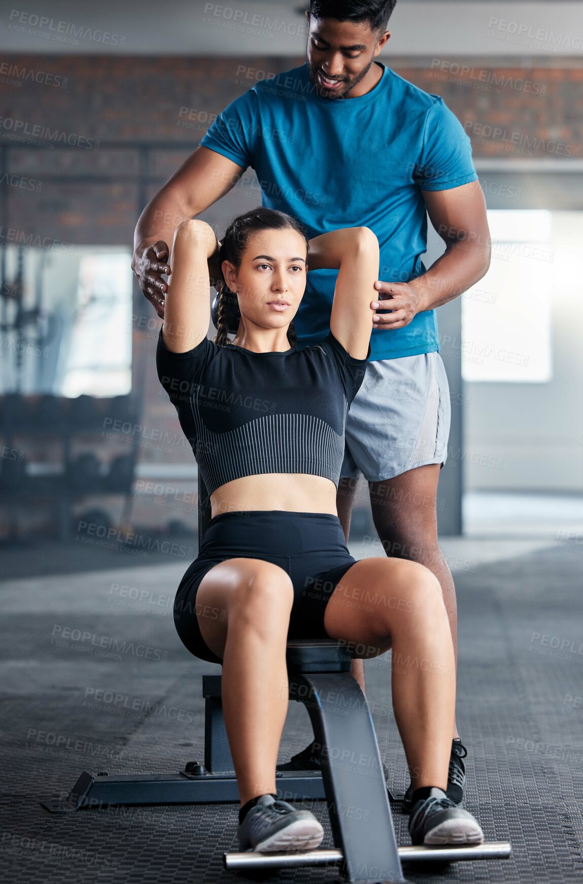 Buy stock photo Training, weights and woman with a personal trainer for help during exercise, fitness and motivation in the gym. Health, strong and girl athlete with a coach helping with a workout at a club