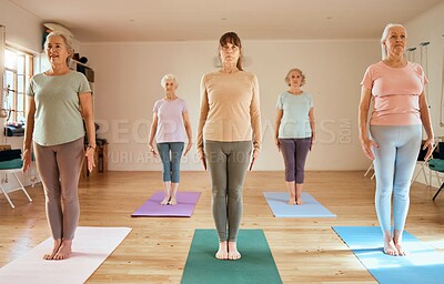 Buy stock photo Fitness, yoga and elderly women in a class to relax and start a calm, workout and peaceful meditation in a studio. Wellness, friends or zen senior people ready for mindfulness training and exercise