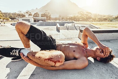 Buy stock photo Injury, blood and knee with a topless man crying in agony after a fall or accident to damage his body. Pain, skin and medical with a shirtless male suffering a gash to his joint in an emergency