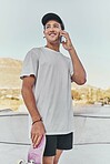 Phone call communication, skateboard and man talking on 5g conversation, chat or discussion about skatepark fitness. Skate boy fashion, connection and athlete on mobile speaking about sports training
