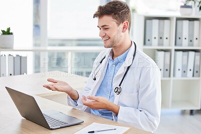 Buy stock photo Laptop, consulting or doctor on a video call for an online meeting with an expert talking about surgery advice. Communication, virtual or happy healthcare worker speaking of medical goals or vision