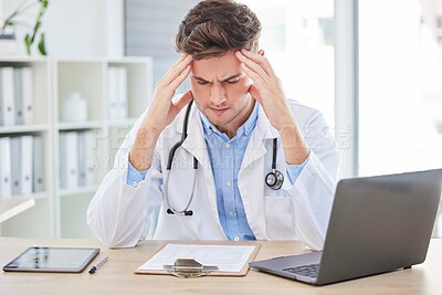 Buy stock photo Man, doctor or stress headache and clipboard paper, test results or life insurance documents in hospital office. Anxiety, thinking or burnout for healthcare worker with laptop technology or research