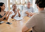 Business people, meeting and applause for handshake, ceo or black woman in office for promotion. Corporate team, shaking hands and congratulations for partnership, collaboration or success in startup