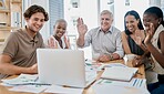 Video call, meeting and business people on laptop in office for virtual networking, global communication and brand marketing team. Zoom call, corporate employee wave and creative workshop technology