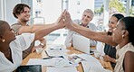 Designer, teamwork or employees high five for meeting kpi goals, sales target success or group achievement in office. Winners, color or happy creative people with pride, motivation or winning mindset