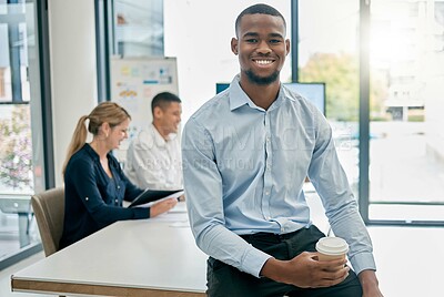 Buy stock photo Face portrait, leadership and black man in meeting ready for goals or targets. Ceo, boss and young, happy and confident male entrepreneur with vision, mission and success mindset in company workplace