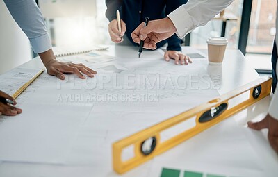Buy stock photo Hands, building blueprint and architect teamwork, planning construction project and discussion. Collaboration, engineers and group of people with drawing, design and layout for architecture project.