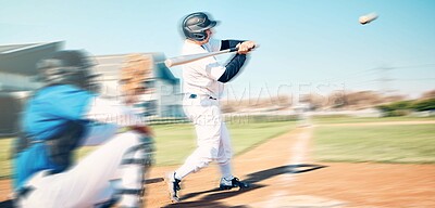 Buy stock photo Baseball bat, athlete swing and speed ball on a outdoor sport field with team and blur. Sports fast pitch, softball player and man on stadium ground in a stadium and usa game for fitness training