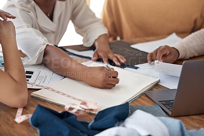 Buy stock photo Fashion, design and sketch, team in meeting with ideas for color and textures for clothes for luxury brand. Creative business planning, designer teamwork and staff brainstorming creativity in office.