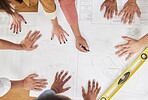 Blueprint, architecture and hands of people drawing for planning, floor plan and engineering design. Teamwork, construction and above of men and women for illustration, meeting and building ideas