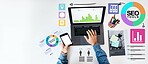 Laptop, seo infographic and person working with statistics and data analysis on mobile app for planning business or startup. Smartphone, businessman and overlay of market research or information