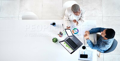 Buy stock photo Data analysis, laptop and team working with statistics and infographics for planning business or startup. Tablet, businessman and woman with market research or information for seo from above
