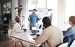 Business presentation, man and communication with seminar and analytics of a worker. Workshop, employee and team with brainstorming and creative design strategy with teamwork and collaboration