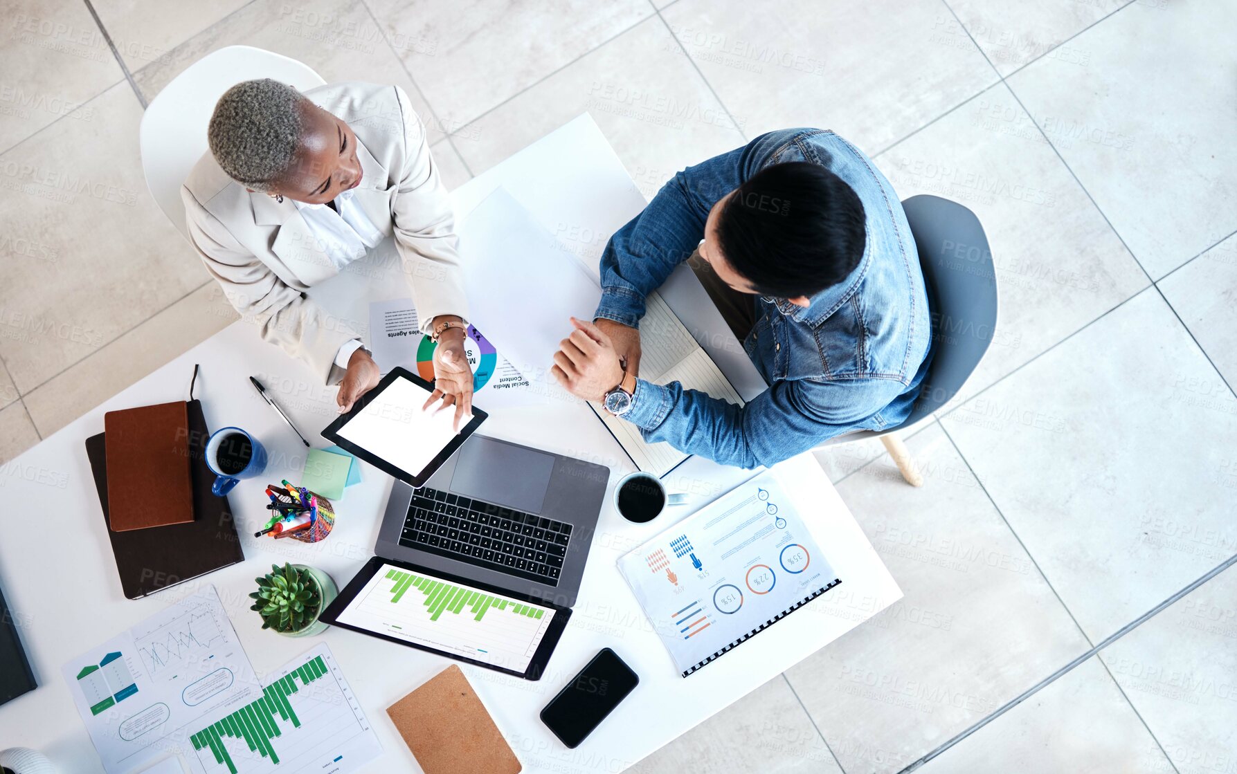 Buy stock photo Creative, discussion and business people in the office lounge or coworking space planning project in collaboration. Teamwork, diversity and team working together with technology on sofa in workplace.
