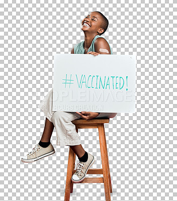 Buy stock photo Young woman, happy and vaccine poster for healthcare support, promotion and social media hashtag. African person excited for virus or covid safety on cardboard isolated on PNG, transparent background