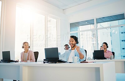 Buy stock photo People, winning and computer in call center success, celebration and yes for telemarketing sales, target or goals in office. Happy consultant or man in wow, fist and excited for telecom bonus or news