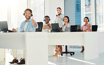 Buy stock photo Call center staff, group and thumbs up in portrait with laptop, telemarketing and teamwork with voip tech. Help desk, people and customer service with contact us, emoji and feedback for consulting
