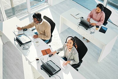 Buy stock photo Call center, woman and smile in portrait with laptop, telemarketing staff and voip tech from above. Help desk agent, computer and customer service for contact us, technical support and consulting