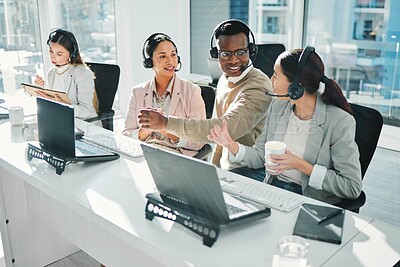 Buy stock photo Call center, staff group and talk at help desk with laptop, telemarketing or voip tech with problem solving. Women, man and customer service agent for contact us, technical support or consulting team