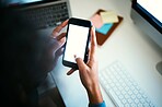 Woman, hands and phone screen for social media, communication or networking on mockup at office. Closeup of female person typing with mobile smartphone display, app or online search at workplace
