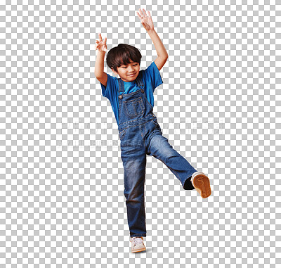 Buy stock photo Isolated child, playing and leg or happy and on a transparent png background with smile, stylish outfit and silly behaviour. Hands, energy and fun with casual clothes, active and asian kid jumping