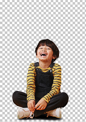 Buy stock photo Fashion, portrait and boy child on floor laugh, happy or excited on isolated, transparent or png background. Comic, style and kid model with comedy, humor or reaction to crazy, silly or funny joke