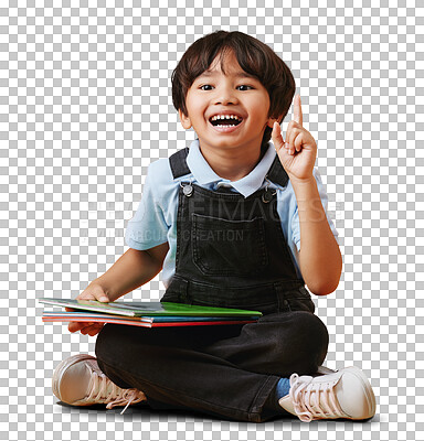 Buy stock photo Happy, books and boy with hand up for education or school isolated on transparent png background. Question, child development or Asian kid student with smile, homework or creative ideas for learning