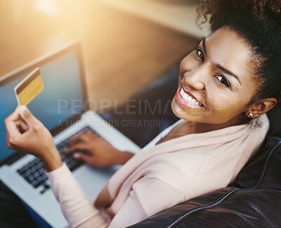 Buy stock photo Credit card, laptop and portrait of black woman on sofa for online shopping, internet purchase or payment. Ecommerce, fintech and happy person on computer for website, sale or digital banking in home