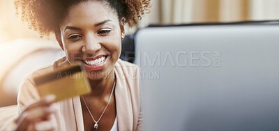Buy stock photo Online shopping, laptop and black woman with credit card on sofa for payment, banking or home budget. Ecommerce, relax and happy girl on couch for fintech, web sale and financial freedom in apartment