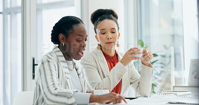 Buy stock photo Business people, office and women with teamwork, conversation and ideas with brainstorming, productivity and planning. Speaking, manager and employee with partnership, collaboration and cooperation