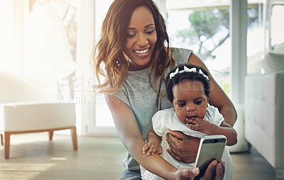 Buy stock photo Mother, baby and selfie in house for happiness, social media and bonding together with smile. Black woman, child and family memory in home for internet post, love and profile picture with relax time