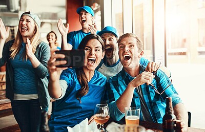 Buy stock photo Success, people and selfie for sports game, tournament victory and photography for social media update. Friends, woman and men with mobile for celebration, beer and football score achievement at pub