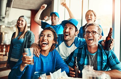 Buy stock photo People, fans and group at pub, cheering for victory in sports on television with celebration for goal. Team, supporters and beer for soccer, tournament or match as friends with loyalty in world cup