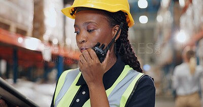 Buy stock photo Logistics, woman and radio in warehouse for communication, stock and safety in supply chain or freight. Factory, worker and industry for quality control in manufacturing, shipping for trade or export