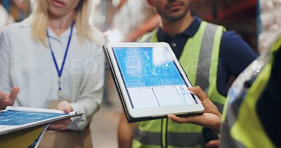 Buy stock photo Hands, architect and tablet for blueprint in logistics warehouse for building, design and expansion. Contractor, people and scrum on app for floor plan, review or meeting in factory for supply chain