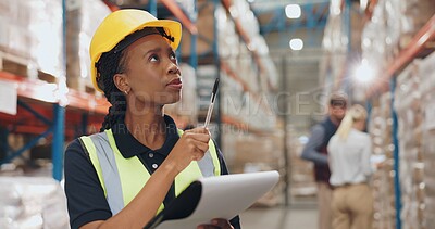 Buy stock photo Logistics, distribution and black woman with clipboard in warehouse for stock inspection, inventory check or shipping. Freight, checklist and employee for delivery, supply chain or quality control