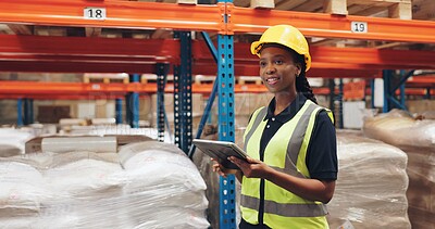 Buy stock photo African woman, tablet and logistics at warehouse for inspection, cargo and job at global shipping company. Person, touchscreen and inventory on app for review, distribution or supply chain in factory