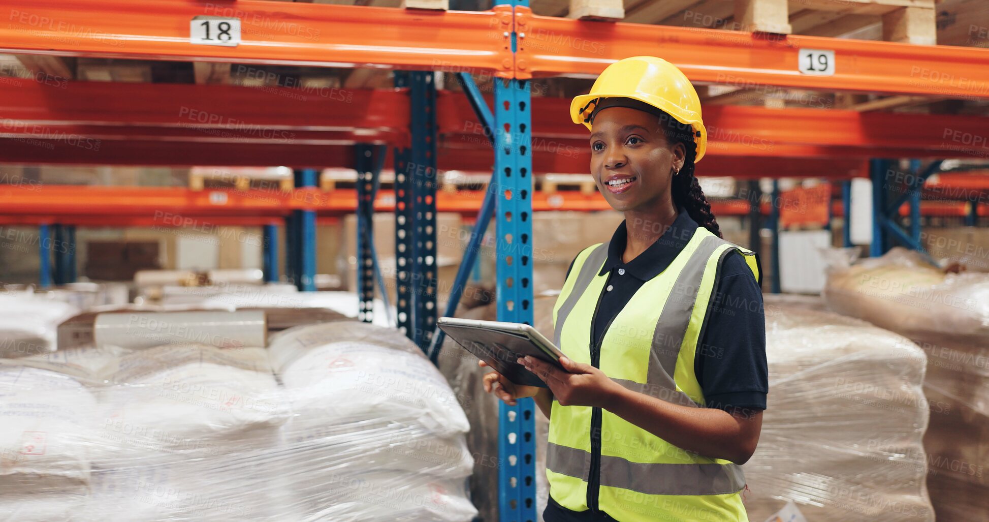 Buy stock photo African woman, tablet and logistics at warehouse for inspection, cargo and job at global shipping company. Person, touchscreen and inventory on app for review, distribution or supply chain in factory