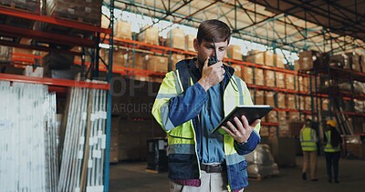 Buy stock photo Man, walkie talkie and tablet in factory for communication, orders or check inventory or stock. Male worker, digital technology or contact in shipping company for export, distribution or supply chain