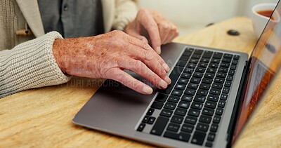 Buy stock photo Laptop, typing or hands of senior man for telehealth, communication or online consultation at home. Elderly male person, technology or reading at table for healthcare, research or medical information