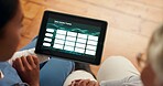 Medic, senior person and tablet screen in nursing home for daily activity planner, wellness or elderly care. Female people, tech and patient as nurse, staff and support in lounge for routine or visit