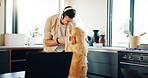 Kitchen, smile and man with dog, home and bonding with animal, headphones and playing in apartment. Happy, owner and games with companion, fun and listening to music, person and love for pet in house