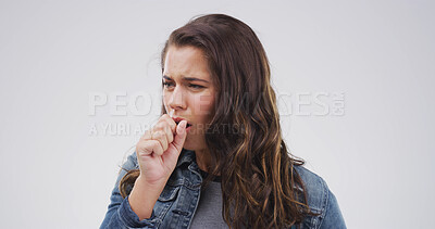 Buy stock photo Cough, disease and woman in studio, sick and asthma attack on white background. Person, mockup space and model with virus, cold and influenza with sore throat, allergy and tuberculosis with fever