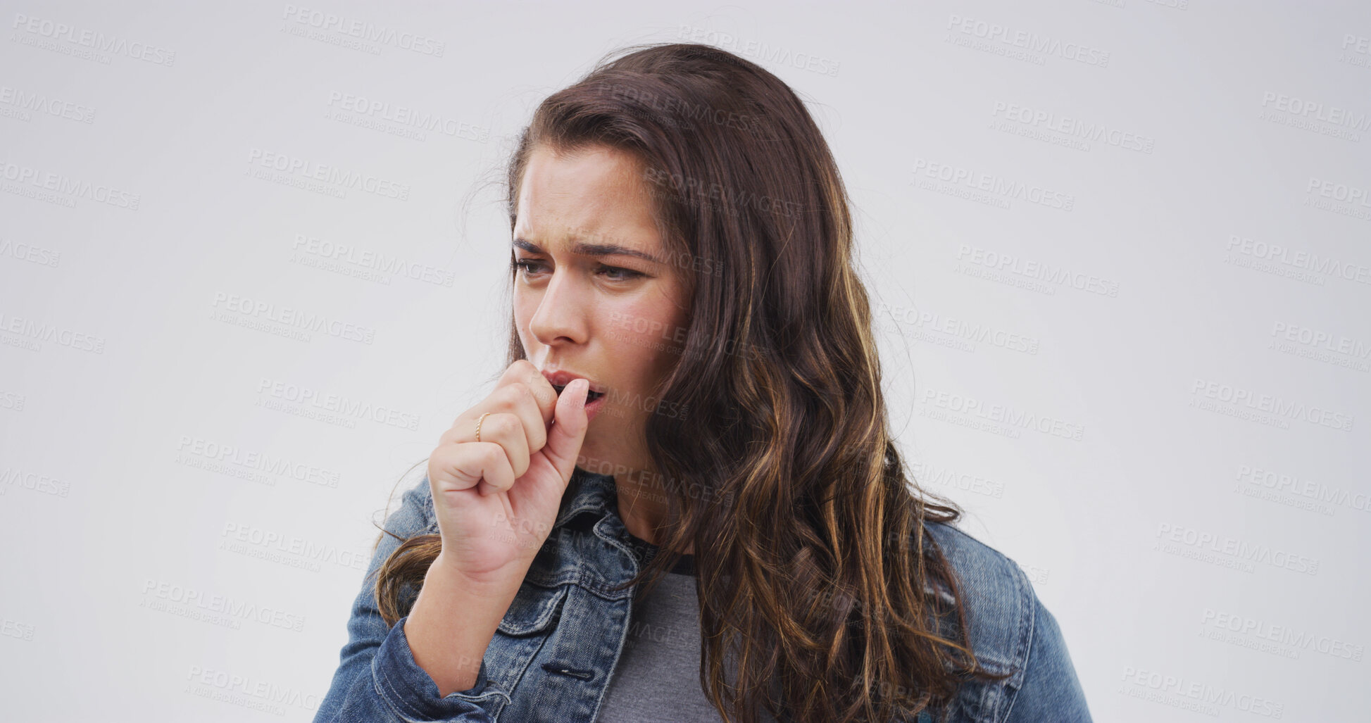 Buy stock photo Cough, disease and woman in studio, sick and asthma attack on white background. Person, mockup space and model with virus, cold and influenza with sore throat, allergy and tuberculosis with fever
