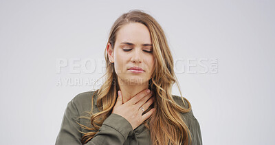 Buy stock photo Health, sick and woman with sore throat in studio from viral infection, discomfort and acid reflux. Mockup space, person and swollen gland on white background with swallow difficulty and inflammation