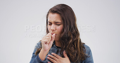 Buy stock photo Woman, cough and sick in studio with health, lung infection or bacteria from medical condition. Tuberculosis, cold or flu with allergic reaction, respiratory illness or disease on white background